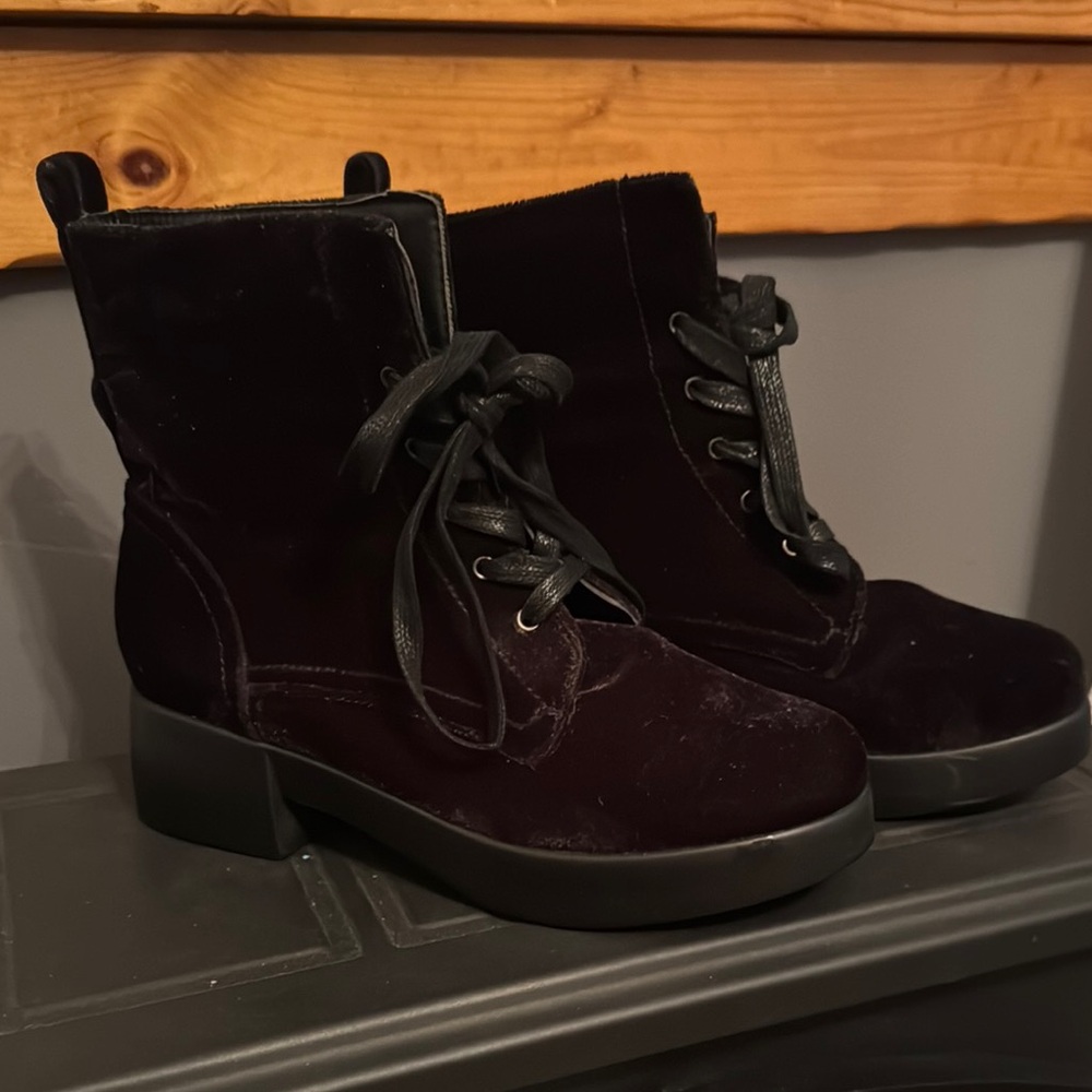 Black Velvet Lace Up Boots with Rugged Sole